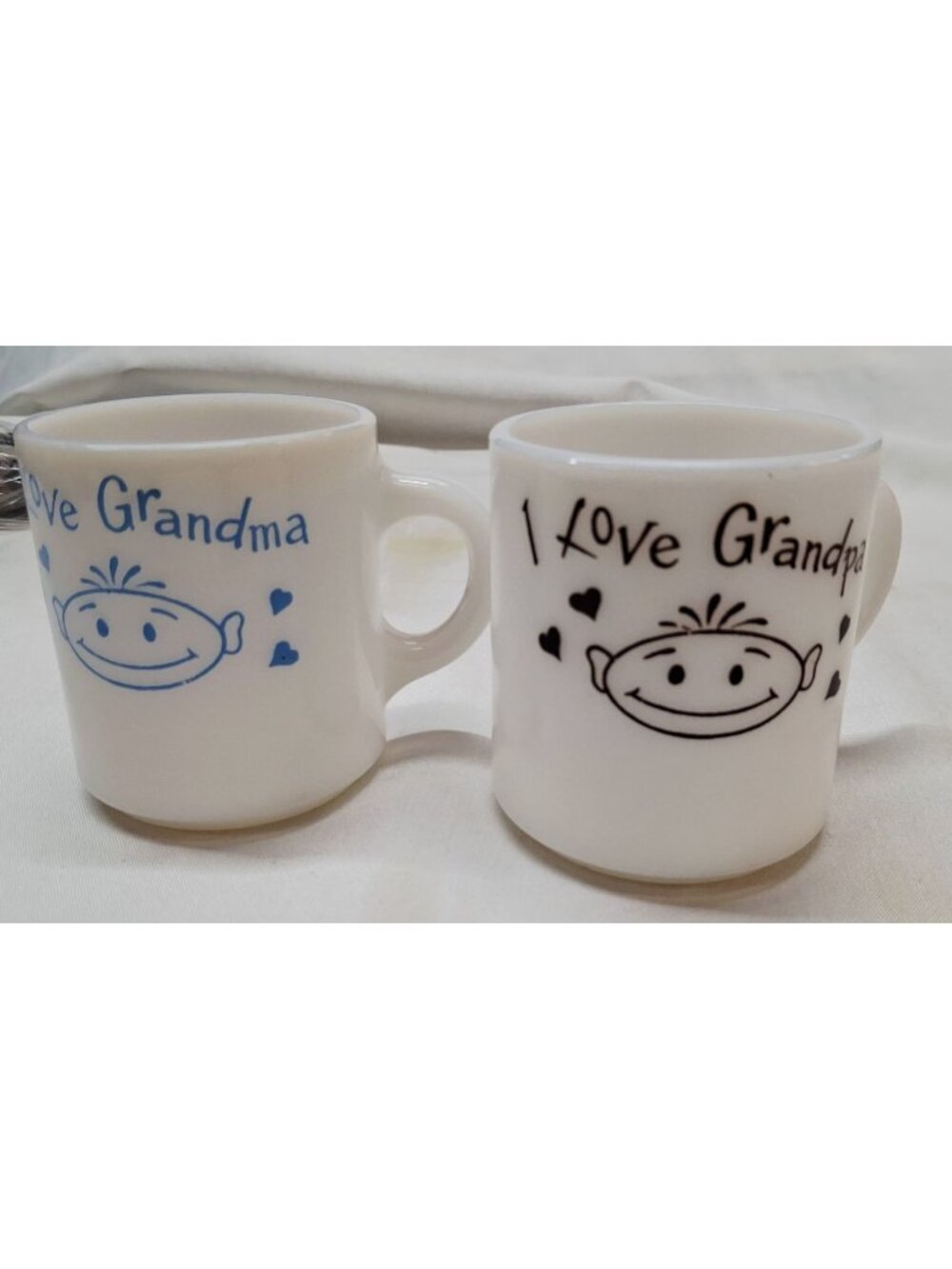 I Love Grandma & Grandpa Vintage Hazel-Atlas White Milk Glass Mug Blue & Black P